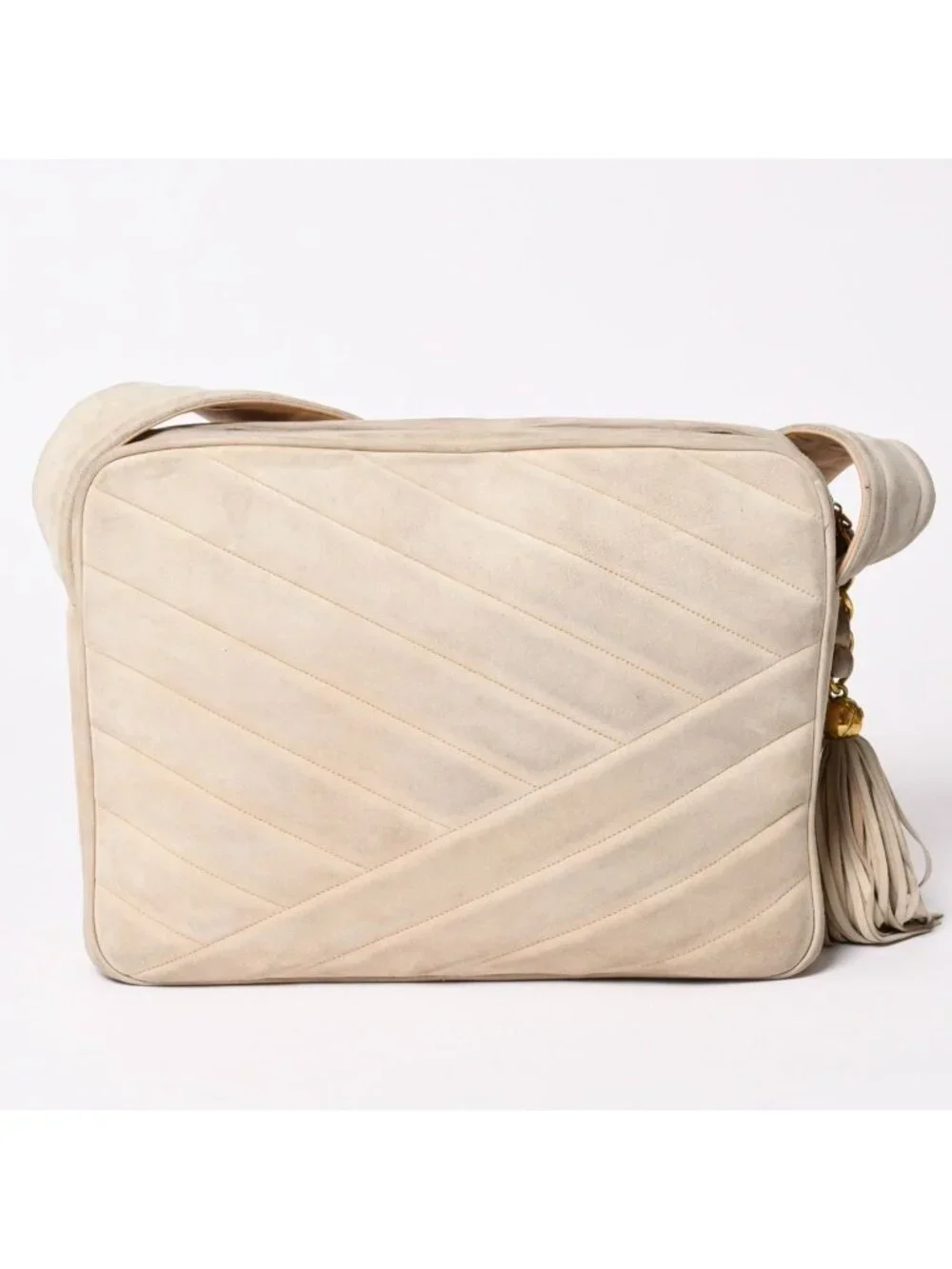 Chanel CC Logo Suede Tassel Shoulder Bag Chevron Bahia Stitch Gold